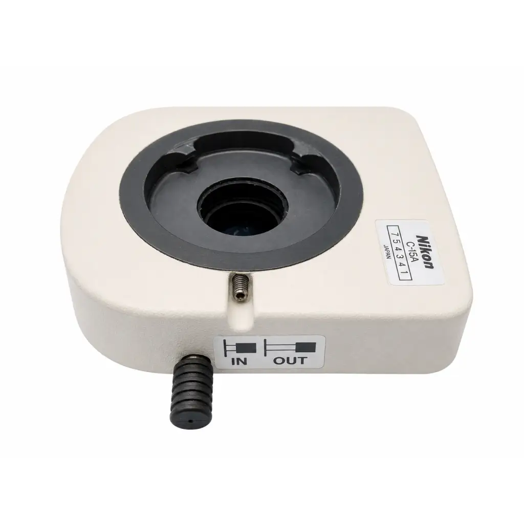 Nikon c-isa microscope optical attachment with cream-colored body and black central aperture for biomed use
