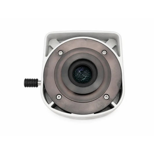 Gray metallic lens with black threaded mounting port on the side of nikon c-isa microscope optical attachment