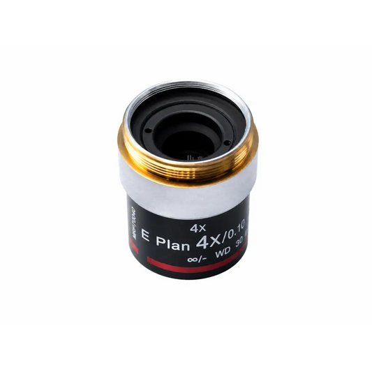 Nikon E Plan 4x microscope objective with black body silver ring and gold threaded mount for medical equipment use