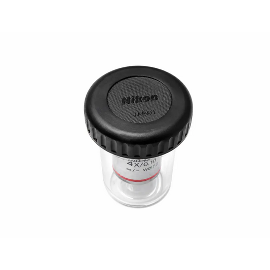 Black Nikon mrh00041 CFI plan fluor 4XA microscope objective lens with clear glass body and engraved specifications