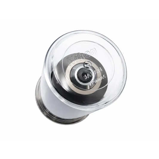 Clear plastic Nikon MRH00401 CFI microscope objective lens cap with silver metallic interior and engraved branding for medical equipment