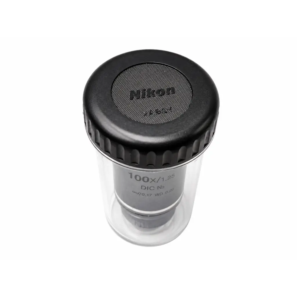 Black nikon mrh01902 cfi plan fluor 100x 1.30 oil microscope objective with textured cap and clear protective casing