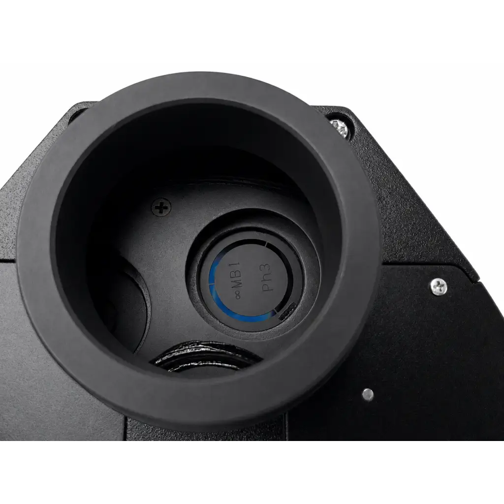 Black circular dial with blue illuminated mb1 and ph3 markings on matte black plastic housing of nikon phase contrast microscope condenser medical equipment
