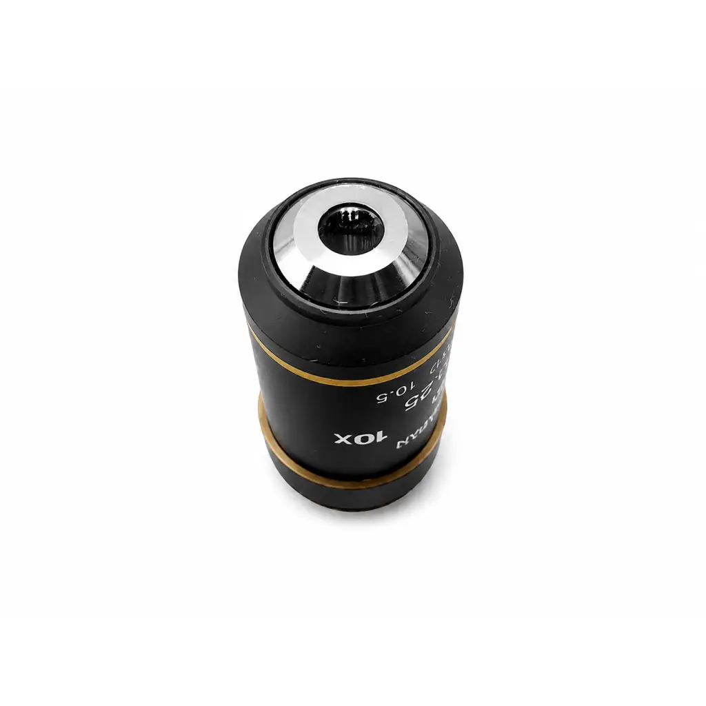 Black Nikon plan 10x microscope objective lens with silver ring and gold bands for medical equipment use