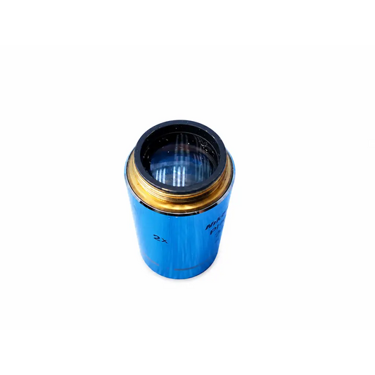 Blue nikon plan 2x microscope objective lens with gold threaded mount and black rubber seal for medical equipment use