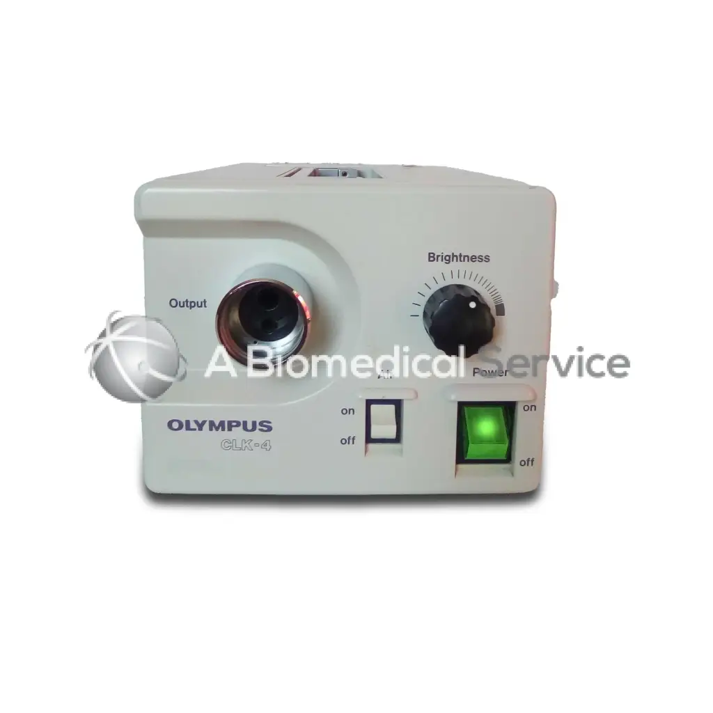 White olympus clk-4 light source system with black brightness dial green power light and output port for biomedical service
