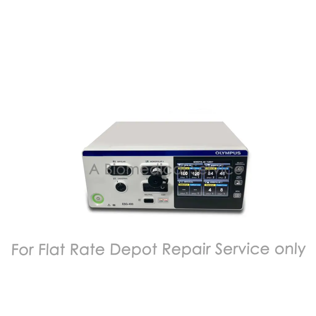 Olympus esd-400 surgical electrosurgical unit with white and blue casing digital display and control knobs for medical equipment repair service