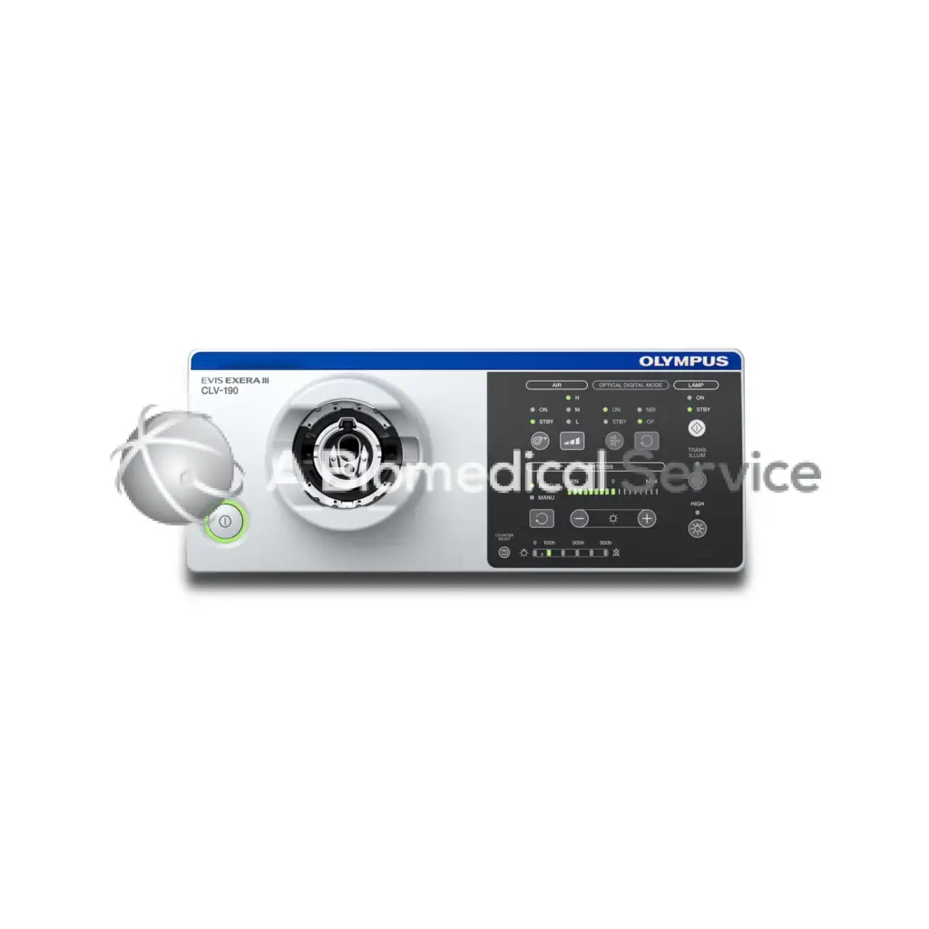 Silver and black olympus evis exera iii clv-190 endoscopic surgical system with circular lens port on the left side