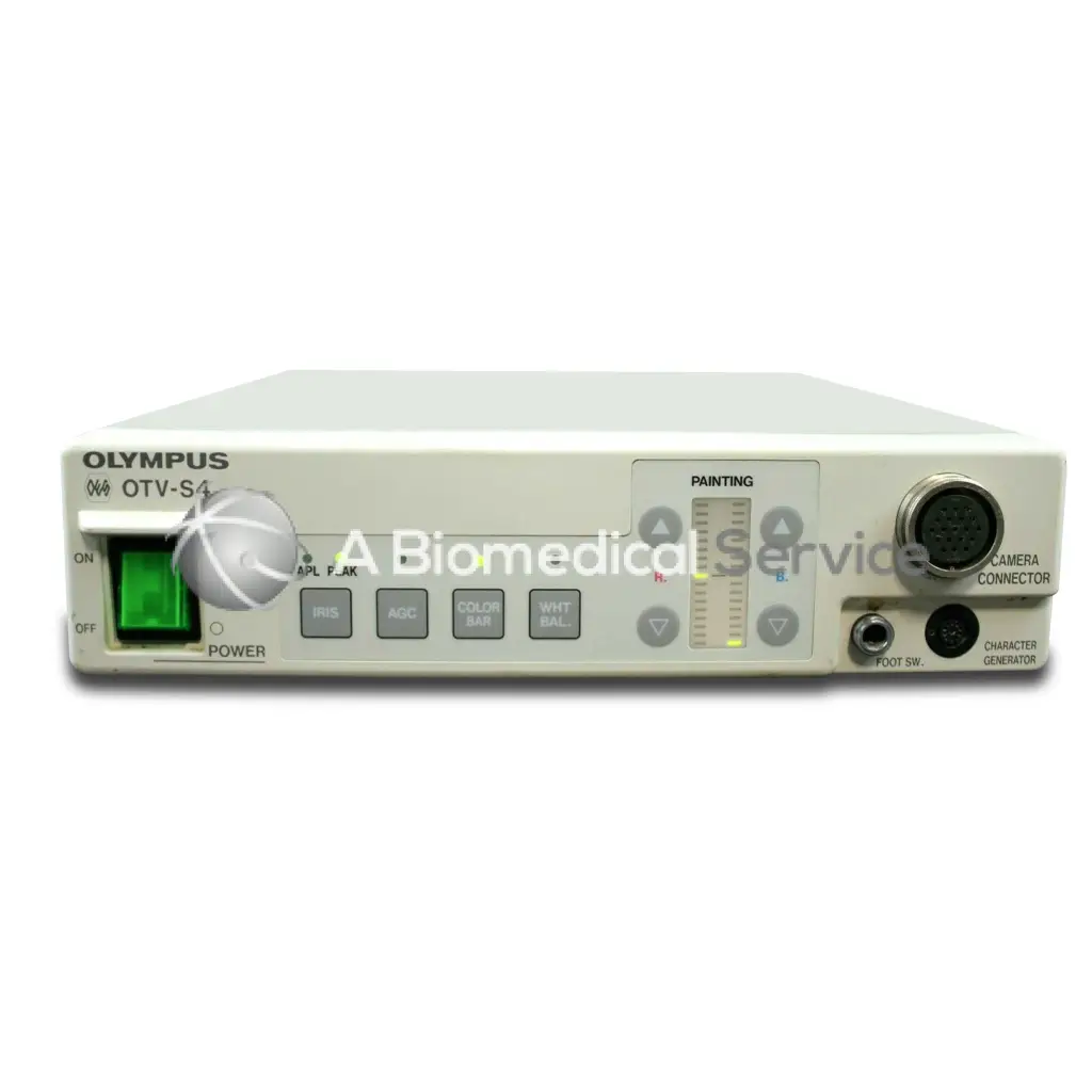 Olympus OTV-S4 camera system with white casing, green power button, and multiple control knobs for biomedical service