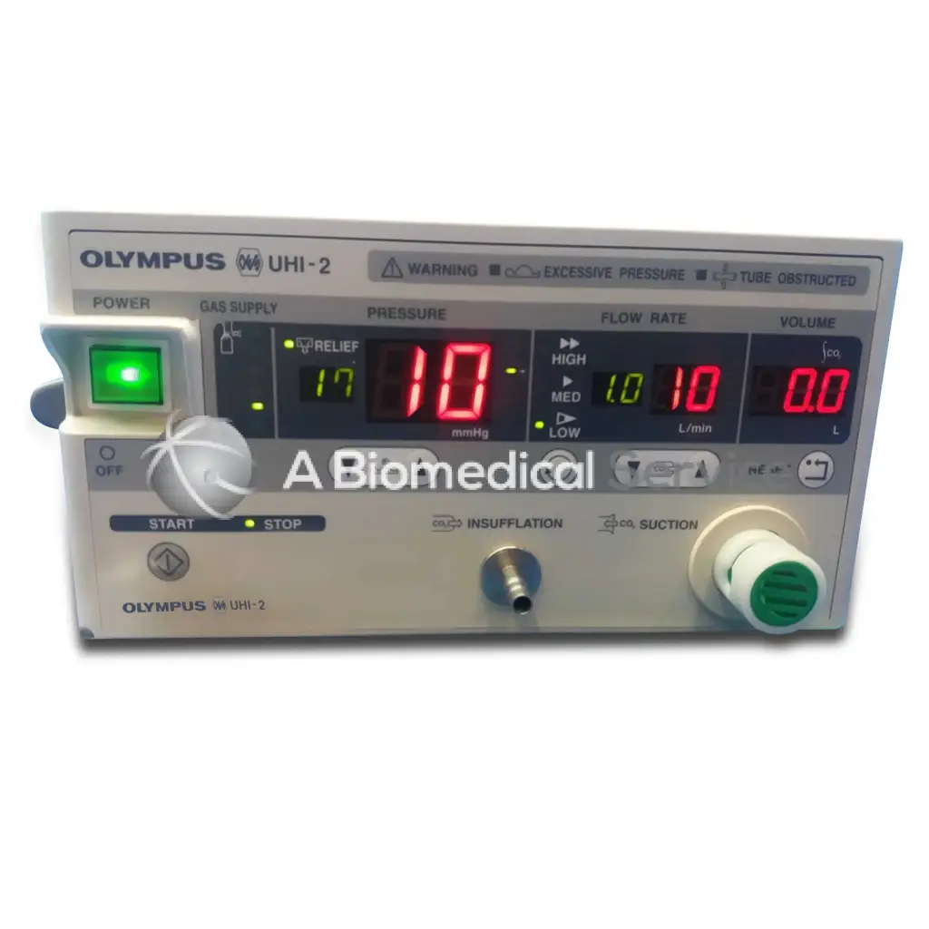 Olympus uhi-2 insufflator anesthesia machine with digital displays showing pressure flow rate and volume for biomedical service