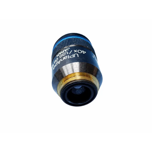 Blue and gold olympus uplanapo 100x oil iris microscope objective lens with engraved specifications biomedical use