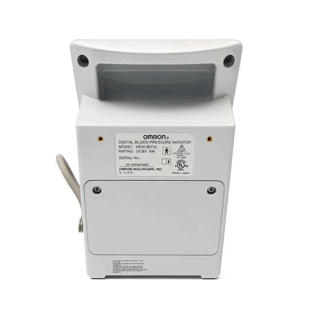 Back of white plastic omron intellisense hem-907xl professional digital blood pressure monitor with gray handle