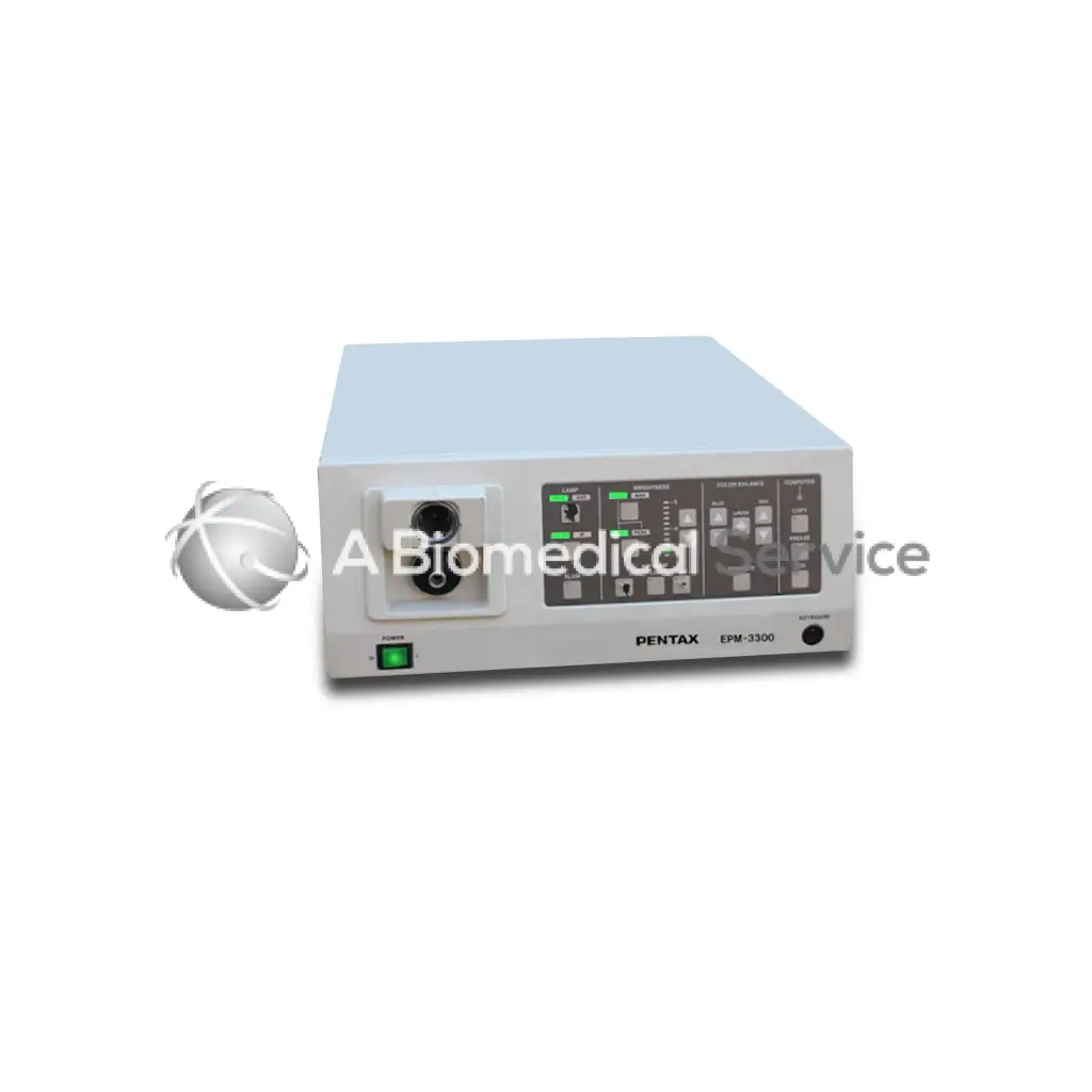 Pentax epm-3300 video processor with light gray rectangular body and control panel featuring green indicator lights for biomedical service