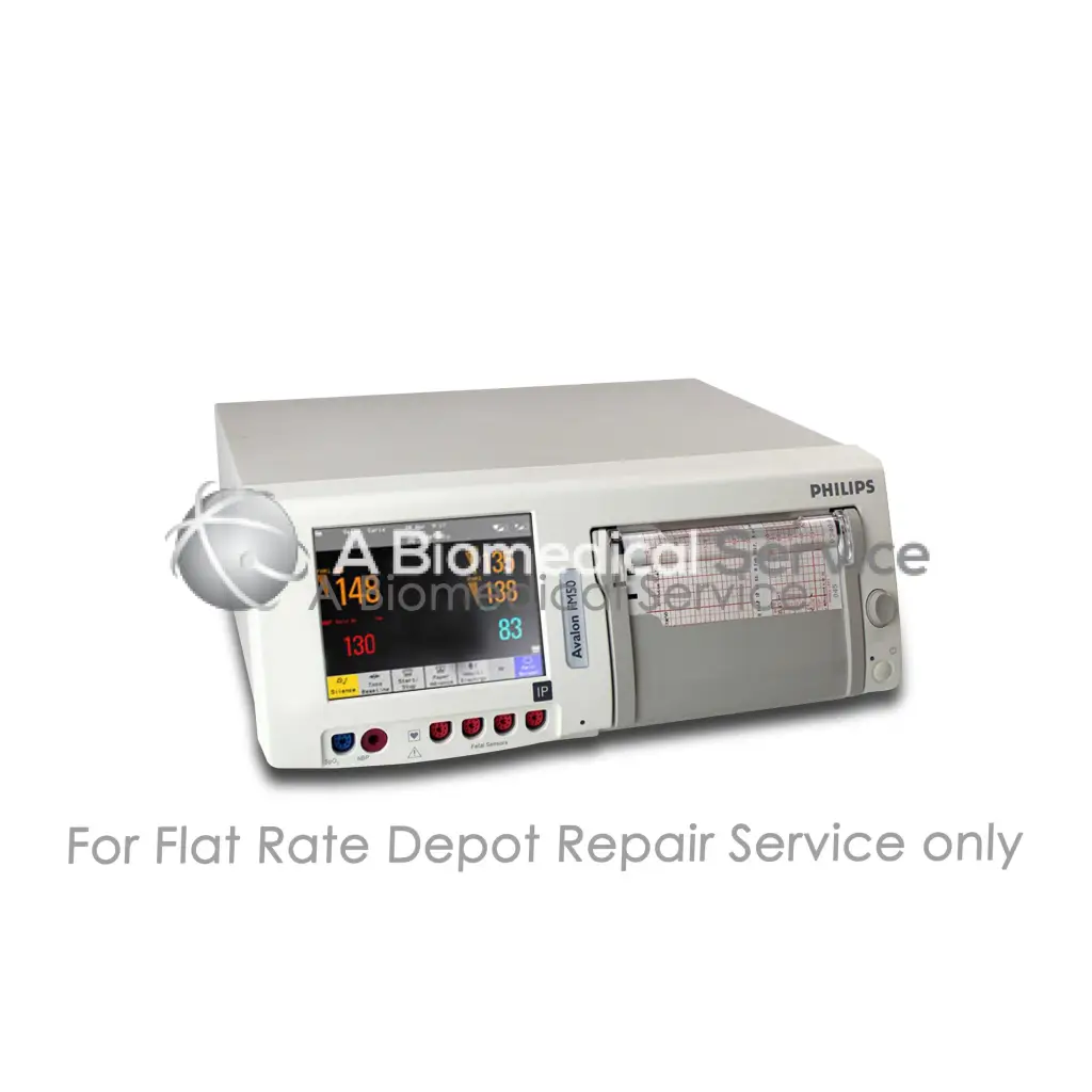 Philips Avalon FM50 M2705a medical equipment with white casing and digital vital signs display for flat-rate repair service