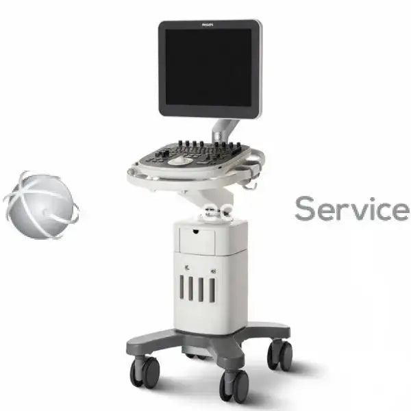 Philips ClearVue 850 ultrasound machine in silver and gray with touchscreen monitor control panel and wheeled base
