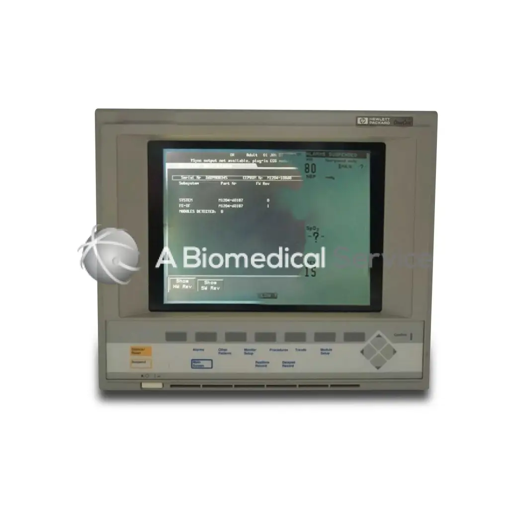 Gray hp hewlett packard biomedical monitor with digital display and control buttons in Philips CMS 24 Omni Care Patient Monitor