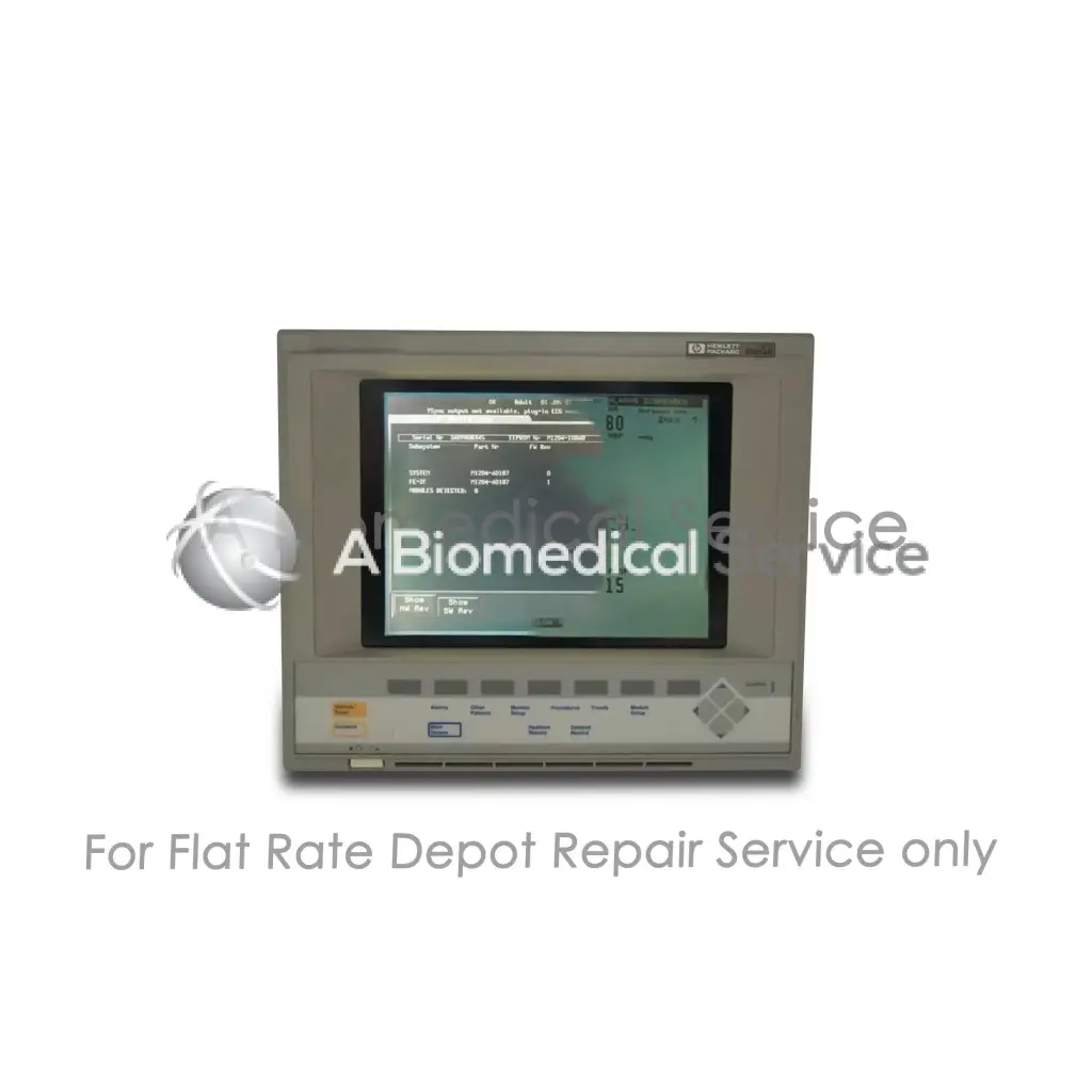Gray hp biomedical omni care patient monitor with digital display and buttons for medical equipment repair service