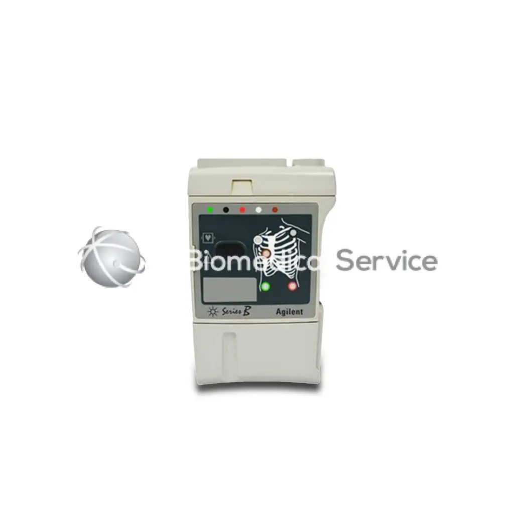 Gray plastic philips hp m2601 series b medical device with digital ribcage display and biomedical service indicator lights