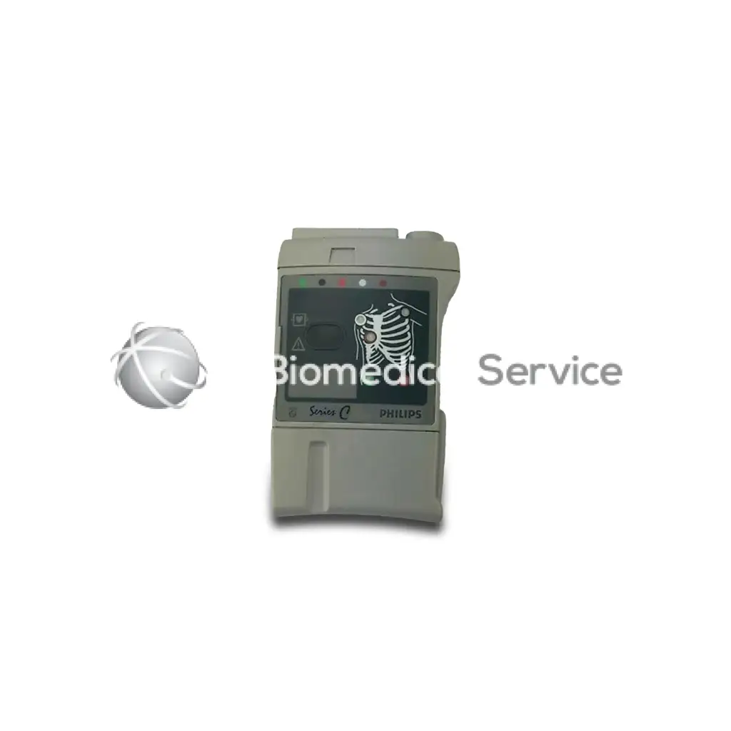 Gray Philips HP M2601A Series C defibrillator with digital display showing anatomical chest diagram for emergency use