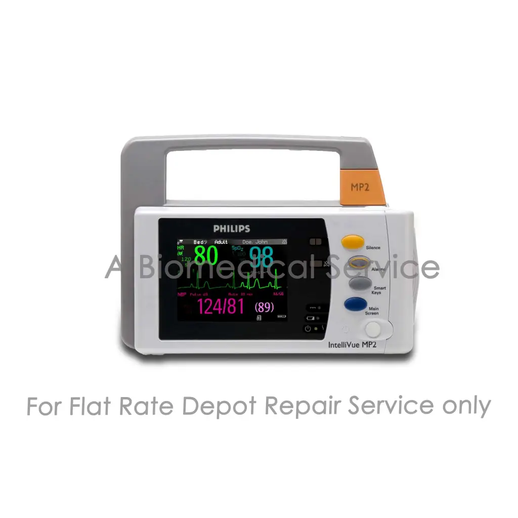 White and gray philips intellivue mp2 portable patient monitor with digital vital signs display for repair service medical equipment