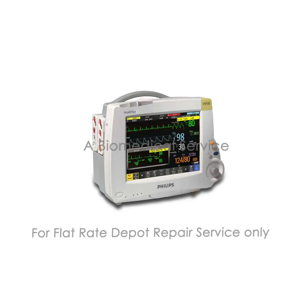 White philips intellivue mp30 patient monitor with color screen displaying vital signs for medical equipment repair service