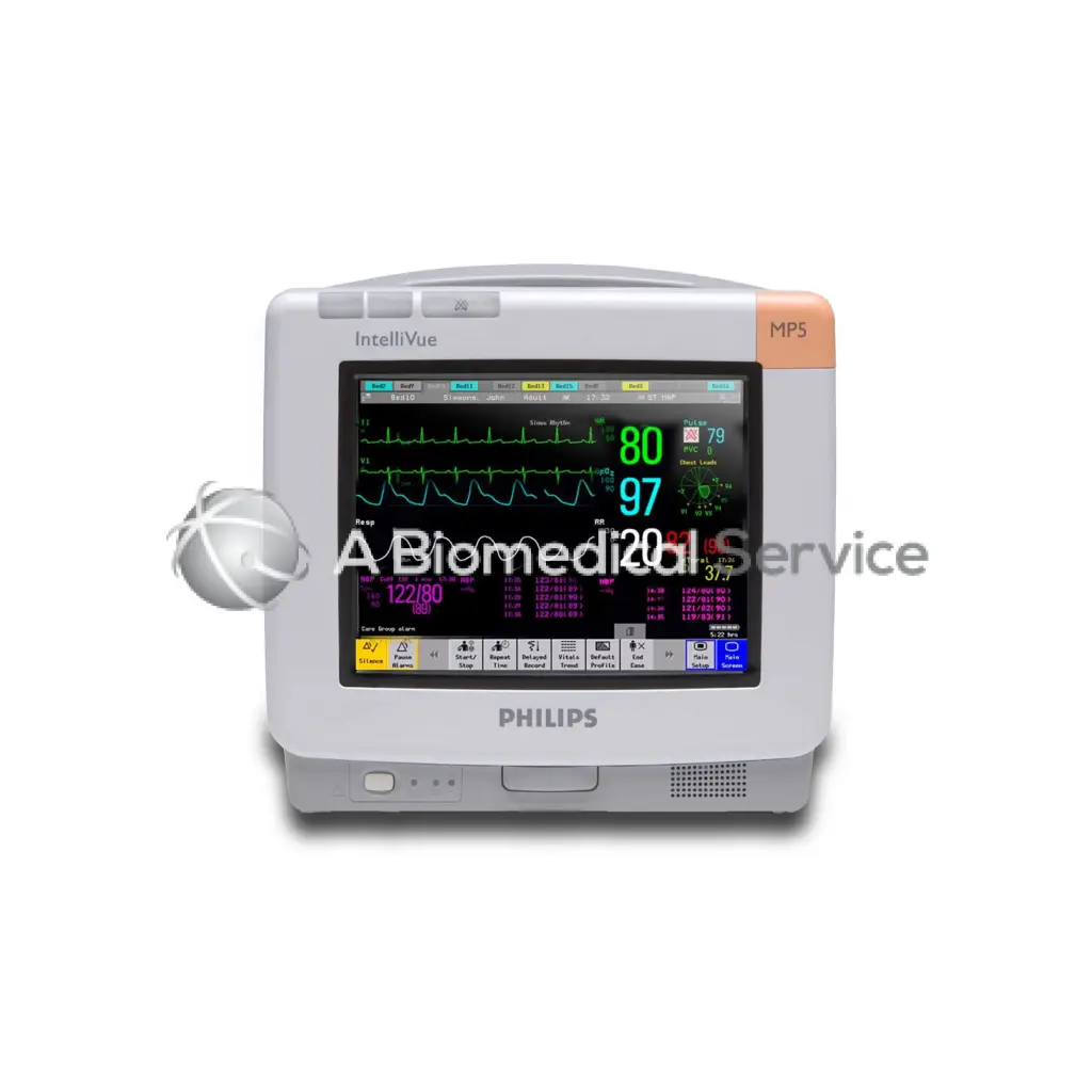 Philips intellivue mp5 multiparameter monitor with white and peach casing displaying vital signs on screen