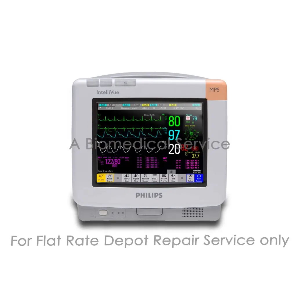 Philips intellivue mp5 patient monitor with white and light gray casing displaying colorful vital signs for repair service medical equipment