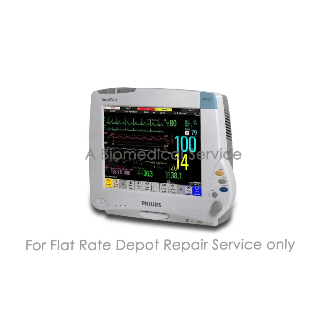 White Philips IntelliVue MP50 patient monitor with color screen displaying vital signs for medical equipment repair service