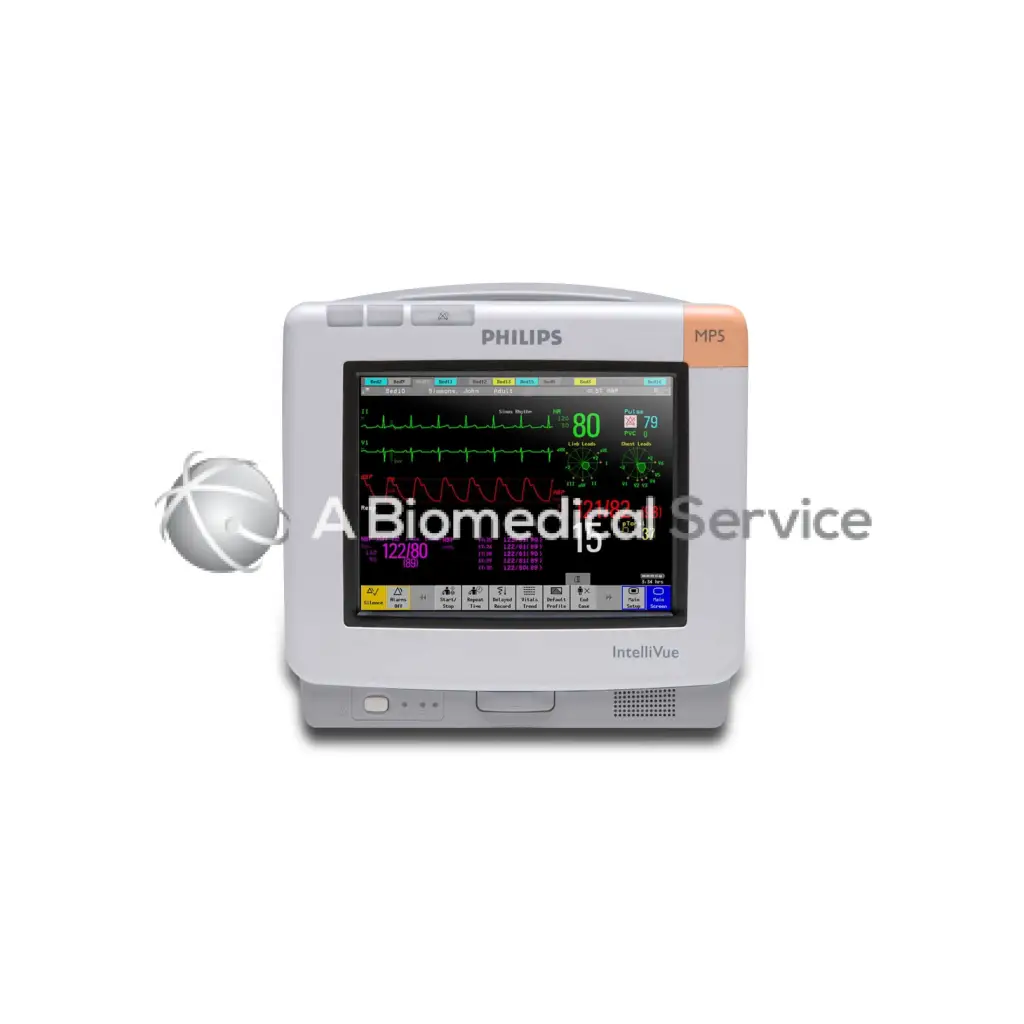 Philips intellivue mp5t patient monitor in gray and orange with digital display showing multiple vital signs for biomedical service