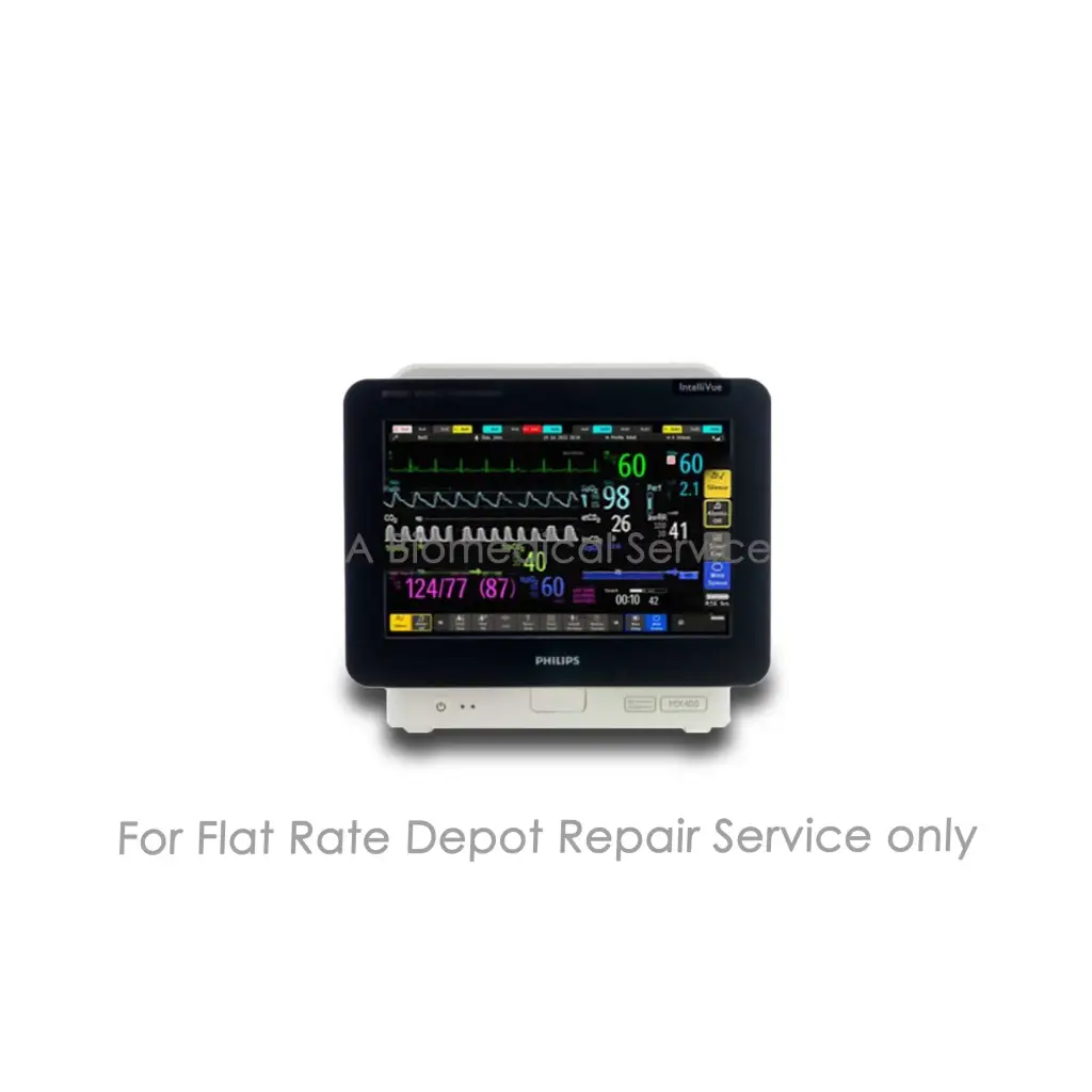 Black philips intellivue mx400 patient monitor with color touchscreen displaying vital signs for repair service of medical equipment