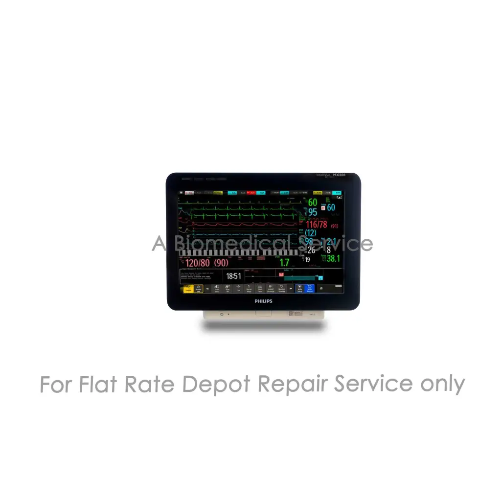 Black Philips MX600 monitor displaying colorful medical waveforms for Philips IntelliVue MX800 patient monitor repair service
