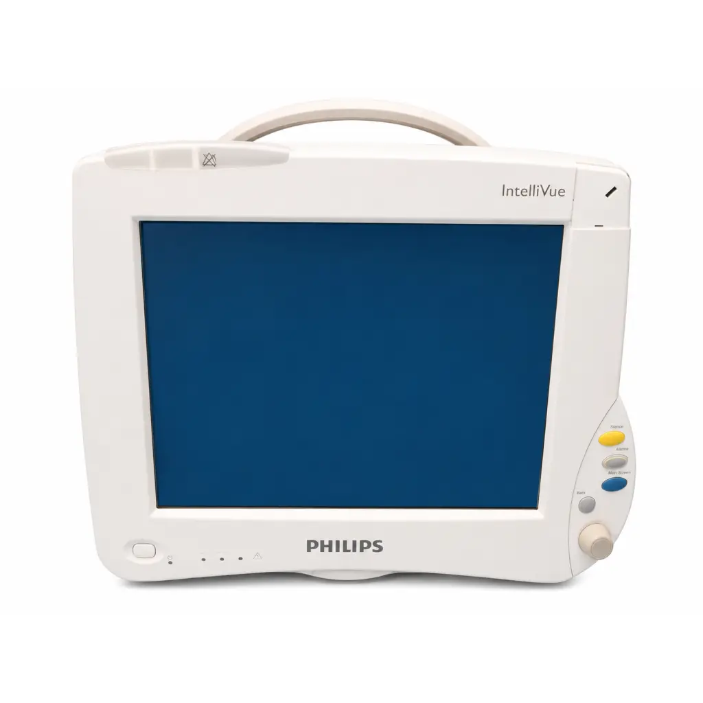 White philips intellivue patient monitor with blue screen and control buttons on right side for flat-rate repair service