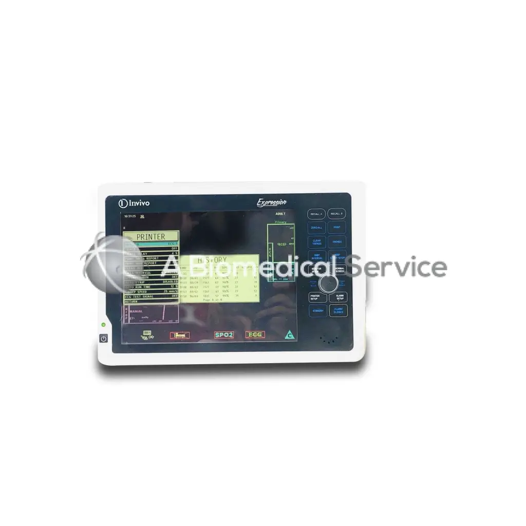 White-framed philips invivo expression mri patient monitor with touchscreen display showing medical data and controls