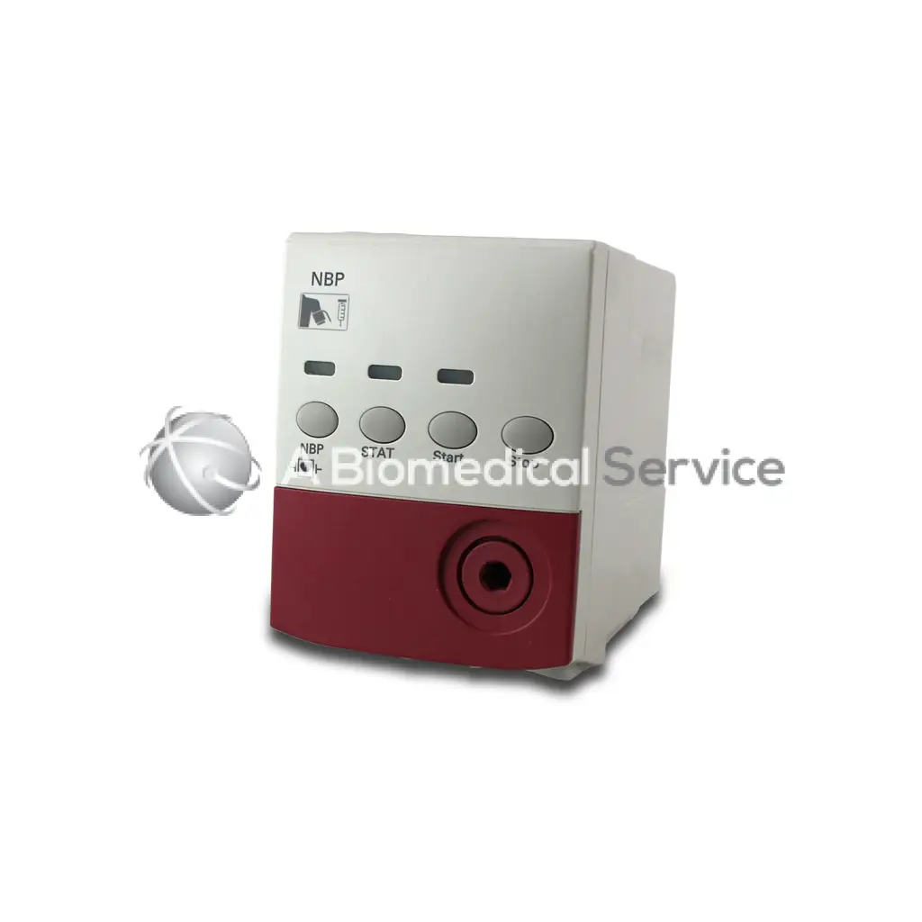 Philips m1008b nibp white and red medical device with labeled nbp stat start and stop buttons for blood pressure monitoring