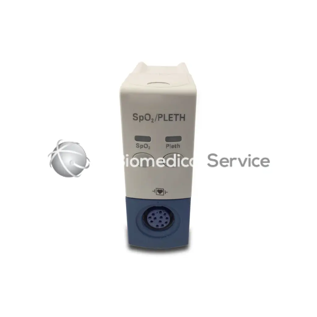White and blue philips m1020a spo2 medical device with spo2 pleth label and two circular spo2 and pleth buttons