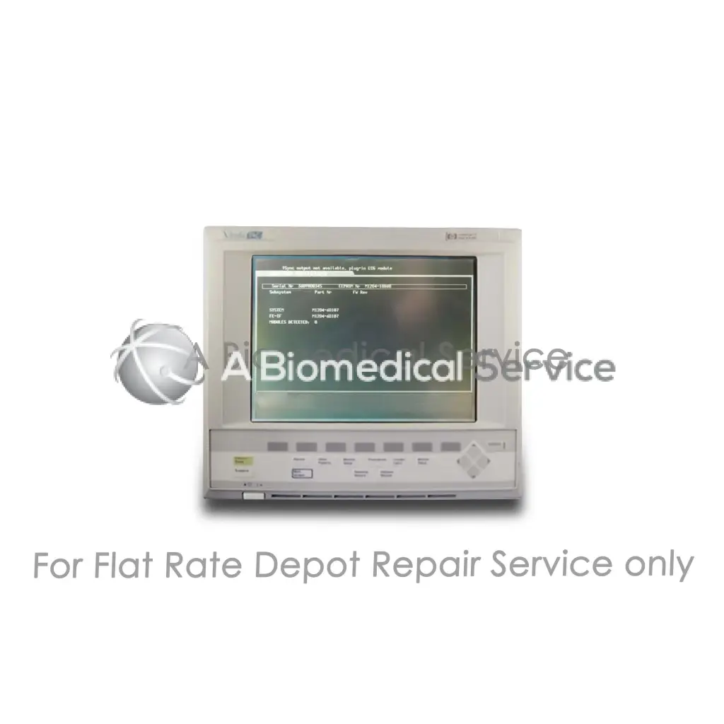 Gray philips m1204 series medical monitor with diagnostic screen and control buttons for repair service of medical equipment