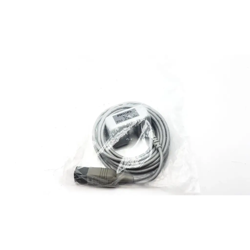 Gray philips m2501a mainstream etco2 sensor cable with white connector and black plug wrapped in clear plastic packaging