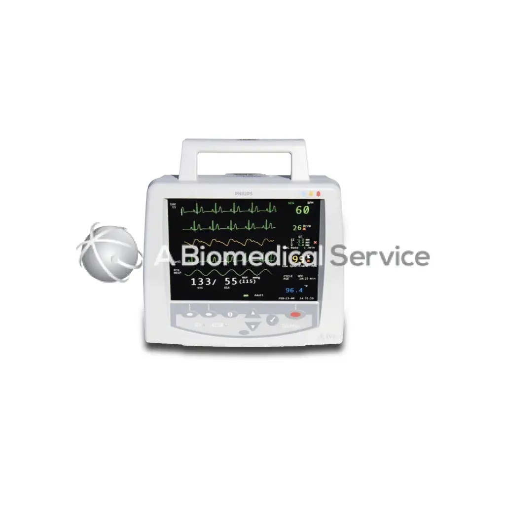 Philips m2636c telemon c vital white patient monitor with handle displaying multiple vital signs on screen