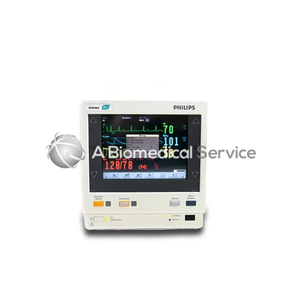 White Philips M3 Series Monitor M3046a patient monitor displaying vital signs on screen for clinical use
