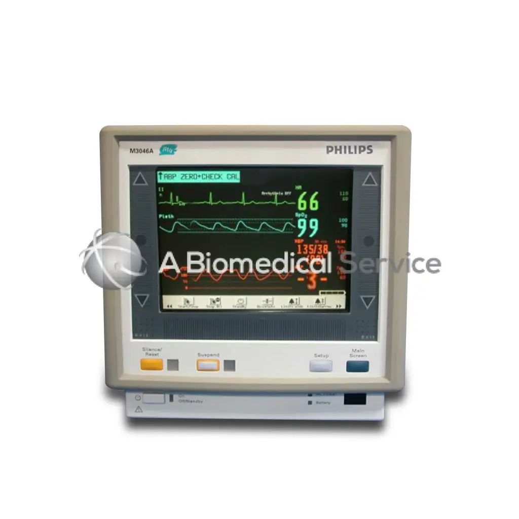 Beige philips m4 series patient monitor m3046a with digital vital signs display in green and red for biomedical service