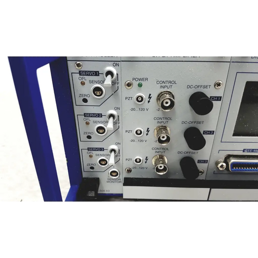 Silver metallic physik instrumente e-501 3 channel servo controller with lvpzt amplifier and labeled control panel switches