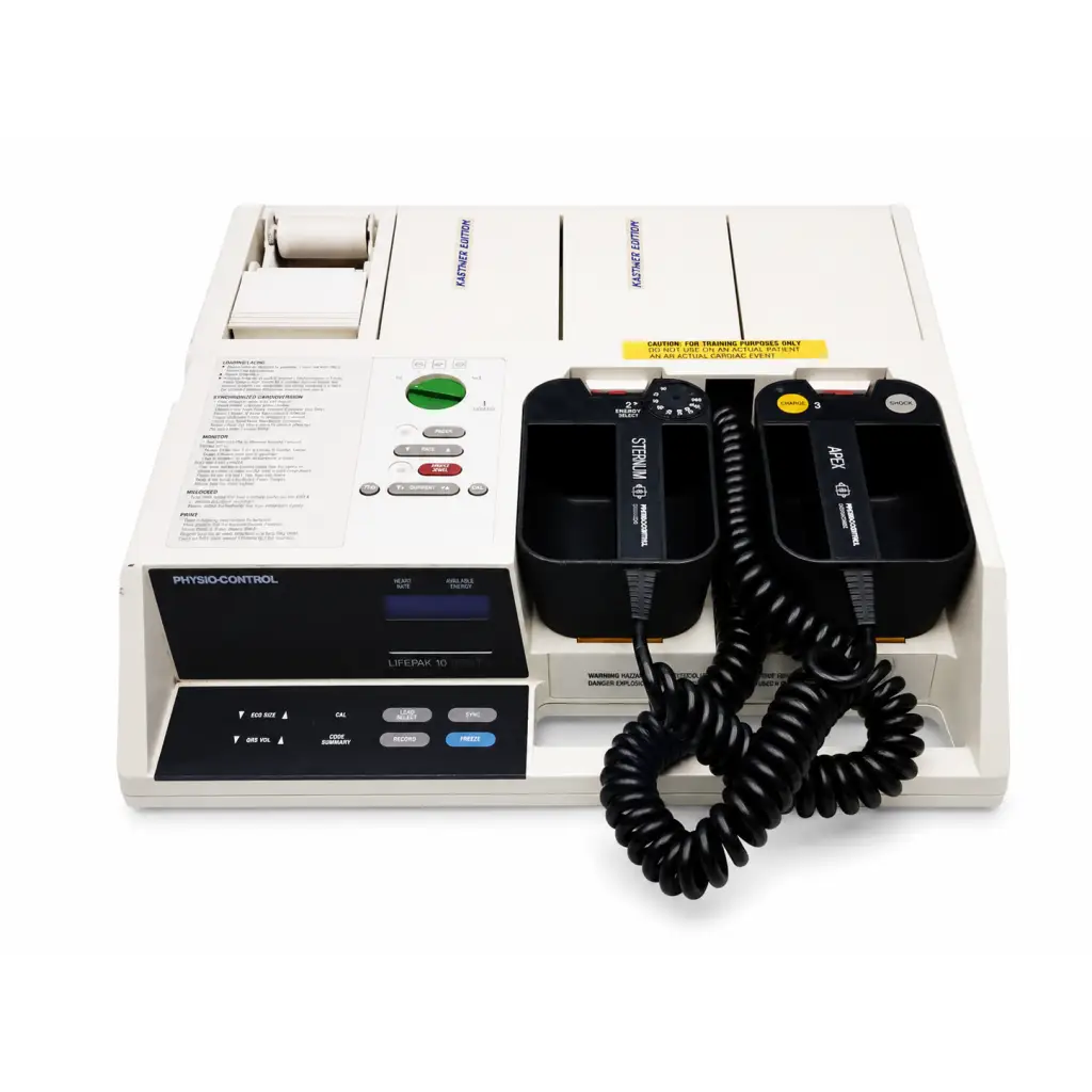 White physio-control lifepak 10 cardiac monitor complete kit with black electrode pads and coiled cables for cardiac care