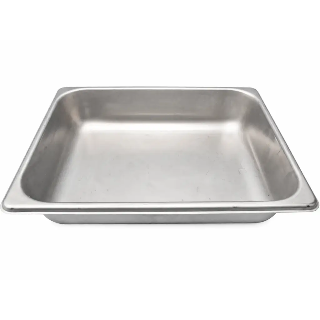 Rectangular stainless steel food pan with rounded corners and smooth reflective surface by polar ware e12102