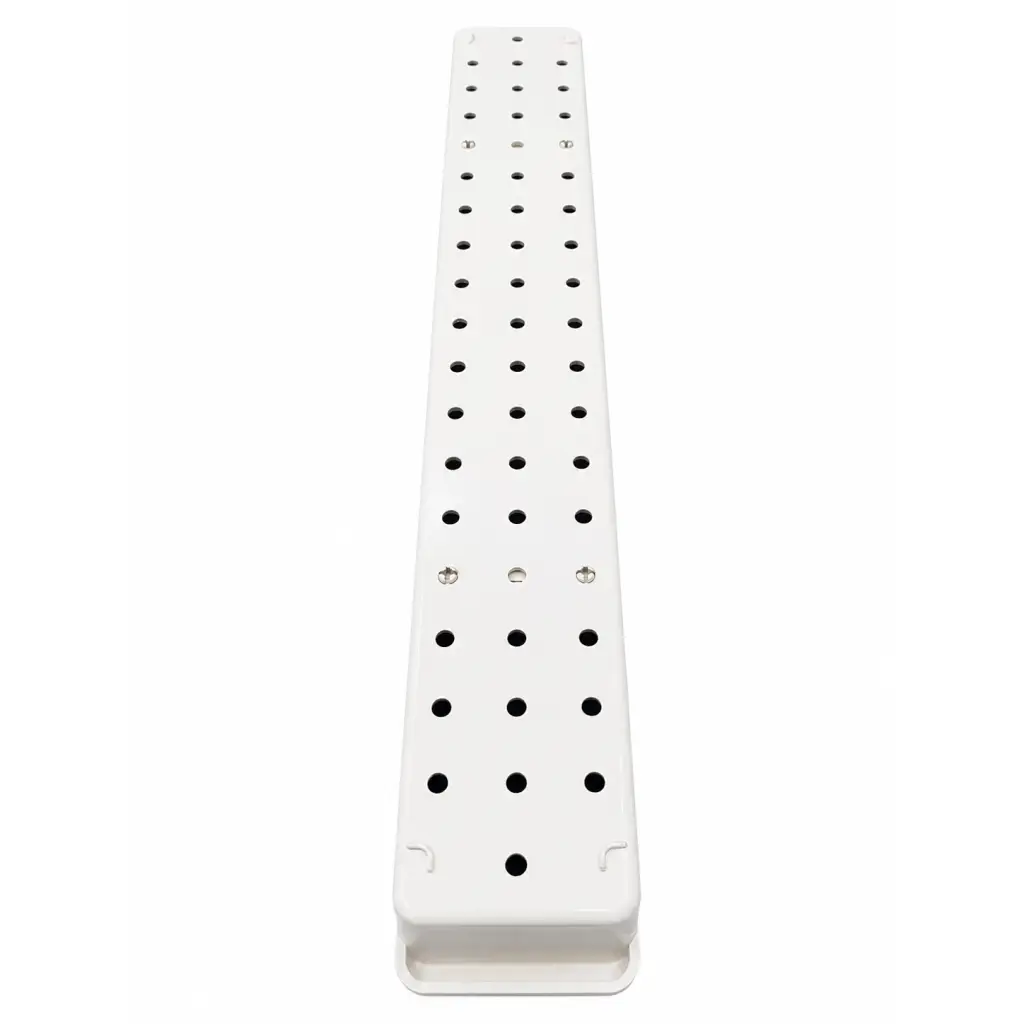 White plastic long perforated instrument tray with evenly spaced holes and metal fasteners for adjustable holders