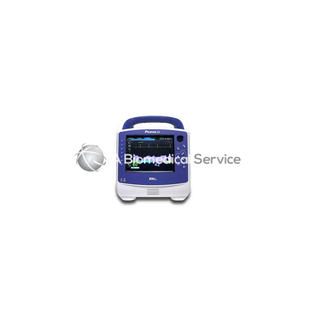 Blue and white zoll propaq m portable defibrillator monitor with digital screen displaying heart rhythm readings