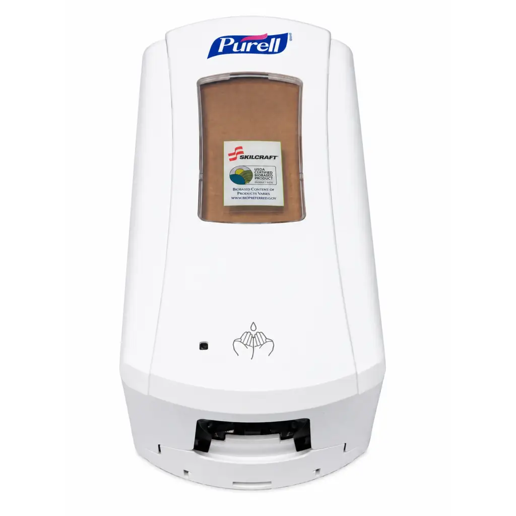 Purell wall-mount biomed certified hand sanitizer dispenser with white automatic design and clear window showing brown liquid