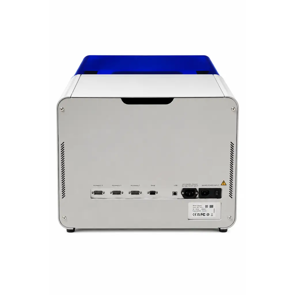 Biomed certified qiagen qiagility laboratory automation instrument in white and blue with multiple ports on back panel