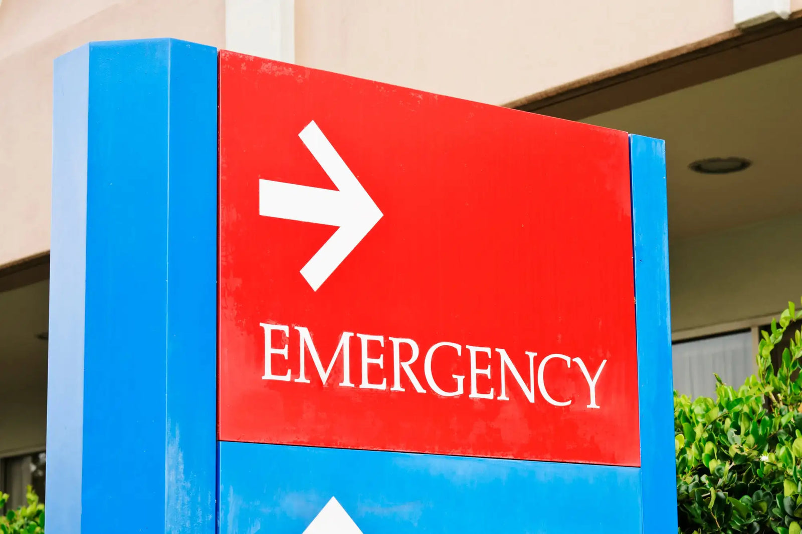 Red and blue emergency directional sign with a white arrow pointing right.