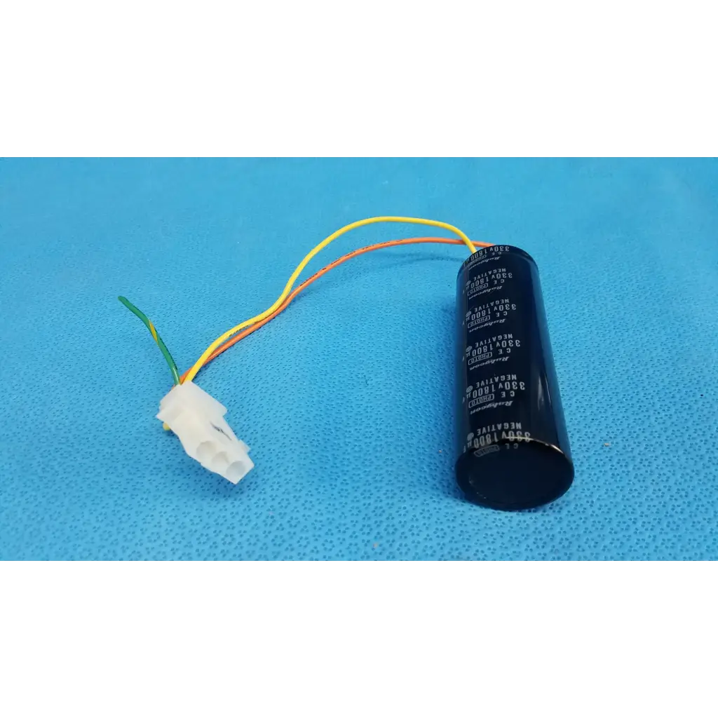 Black cylindrical rubycon photo capacitor 330v 1800uf with three colored wires and white connector for trc-nw6s retinal camera