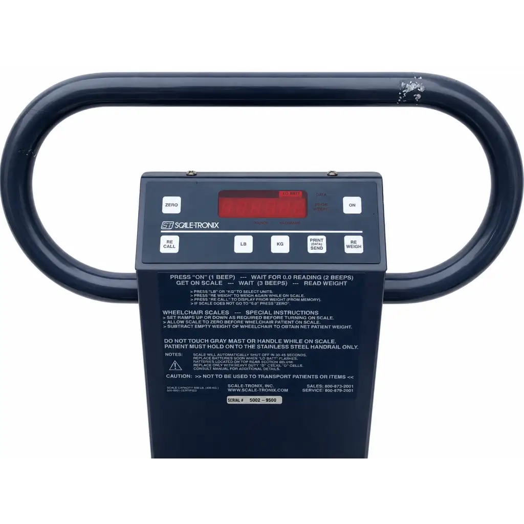 Dark blue scale-tronix wheelchair scale with handrail biomed certified digital display and control buttons